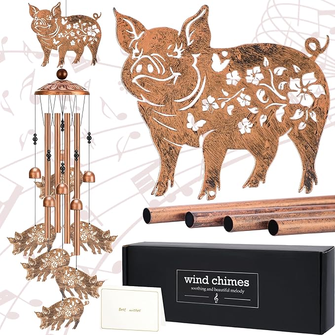 Pig Decor Wind Chimes - Metal Animal Windchimes with Card Outside Indoor Decoration for Garden Yard Patio Balcony Thanksgiving Christmas Birthday Gifts for Pigs Lovers Women Mother Grandma