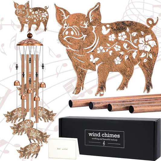 Pig Decor Wind Chimes - Metal Animal Windchimes with Card Outside Indoor Decoration for Garden Yard Patio Balcony Thanksgiving Christmas Birthday Gifts for Pigs Lovers Women Mother Grandma
