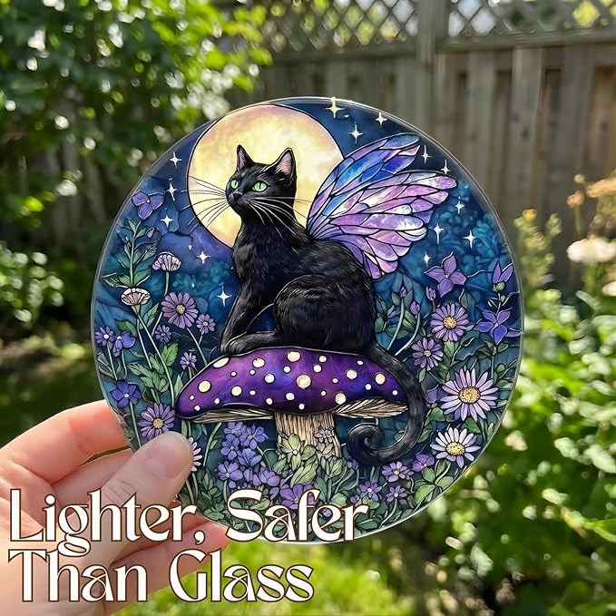 Black Cat Mushroom Moon Acrylic Suncatcher - Faux Handmade Stained Glass Window Hanging Ornament for Display, Home Decor & Gift Idea for Cat Lovers