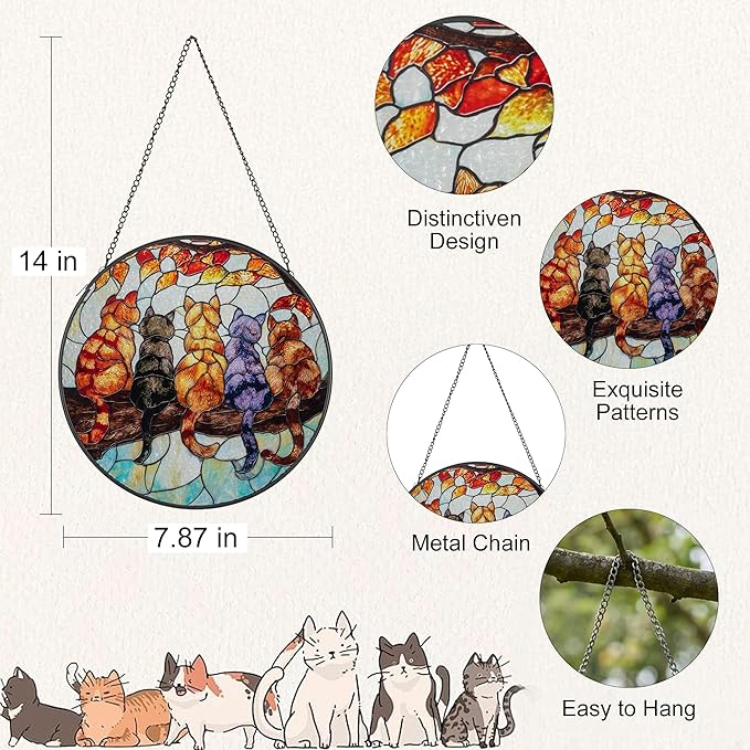 5 Cats on a Branch Stained Glass Window Hanging – Cute Sun Catchers Indoor Window Décor, Suncatchers for Windows Hanging with Warm Light Effect, Lovely Stained Glass Suncatcher for Home & Gift