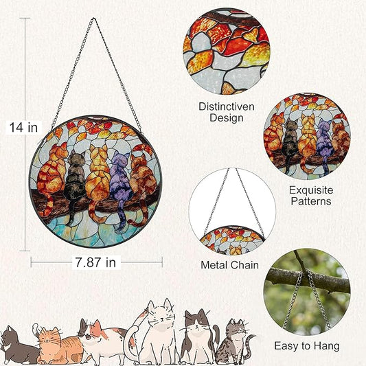 5 Cats on a Branch Stained Glass Window Hanging – Cute Sun Catchers Indoor Window Décor, Suncatchers for Windows Hanging with Warm Light Effect, Lovely Stained Glass Suncatcher for Home & Gift
