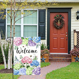 Welcome Hydrangea Garden Flag Spring Summer Colorful Floral Yard Flags Watercolor Flowers Bee Design Seasonal Porch Durable Polyester House Banners for Lawn Patio Outdoor Decor 12 x 18 Inch