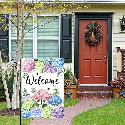 Welcome Hydrangea Garden Flag Spring Summer Colorful Floral Yard Flags Watercolor Flowers Bee Design Seasonal Porch Durable Polyester House Banners for Lawn Patio Outdoor Decor 12 x 18 Inch