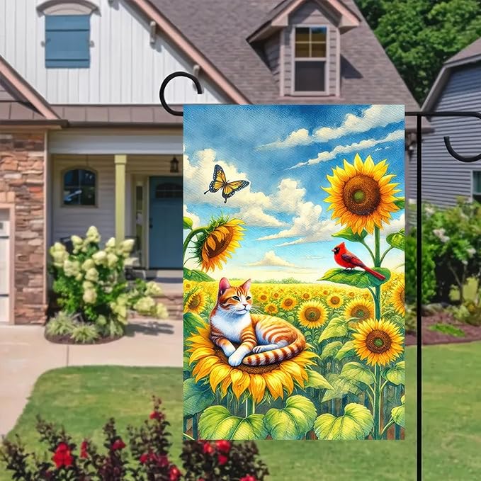 BlissYard Spring Cat Garden Flag 12x18 Inches Double Sided Cardinal Sunflower Butterfly Welcome Yard Flags Summer Seasonal Flower for Outside Decor Home Farmhouse Holiday Decorations