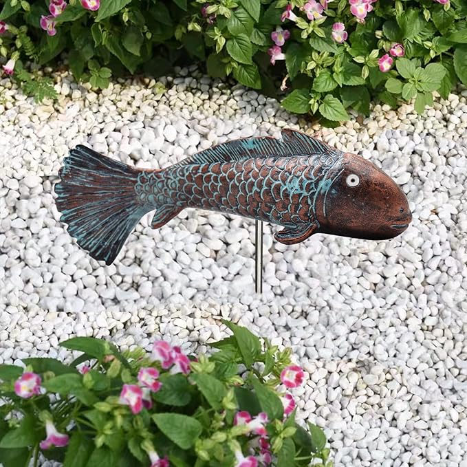Antique Luminous Outdoor Koi Fish Statues - Resin Koi Fish Yard Art Decor for Garden, Patio, Lawn, Pond