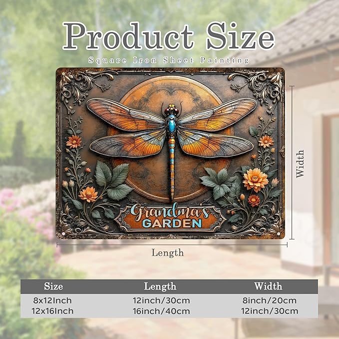 Custom Garden Signs Personalized Metal Tin Sign for Women, Retro Dragonfly Metal Sign for Outdoor, Patio, Yard Rustic Home Decor Gift for Mothers Day, Grandmas, and Gardening Lovers