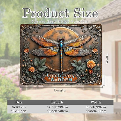 Custom Garden Signs Personalized Metal Tin Sign for Women, Retro Dragonfly Metal Sign for Outdoor, Patio, Yard Rustic Home Decor Gift for Mothers Day, Grandmas, and Gardening Lovers