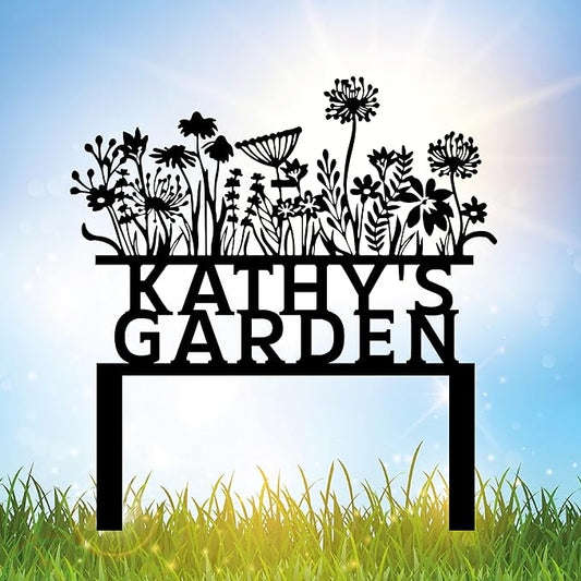 Personalized Flowers Garden Sign with Stakes, Custom Flowers Metal Garden Decor, Sign for Flower Beds, Metal Yard Art, Gift for Grandmother, Gift for Mom, Patio Garden Decorations, Housewarming Gift