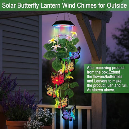 Solar Wind Chimes Outdoor,Colorful Butterfly with Color Changing LED Dangler Mobiles for Outside,Hanging Decoraition for Patio,Porch,Yard,Gifts for Women
