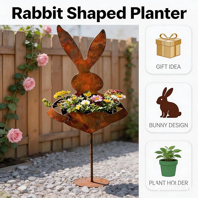 EPMANN Easter Vintage Metal Rabbit Shaped Planter Garden Stake, Rustic Patina Finish Bunny Decor for Outdoor Garden Yard, Decorative Stake for Small Flowers Succulents Spring Displays