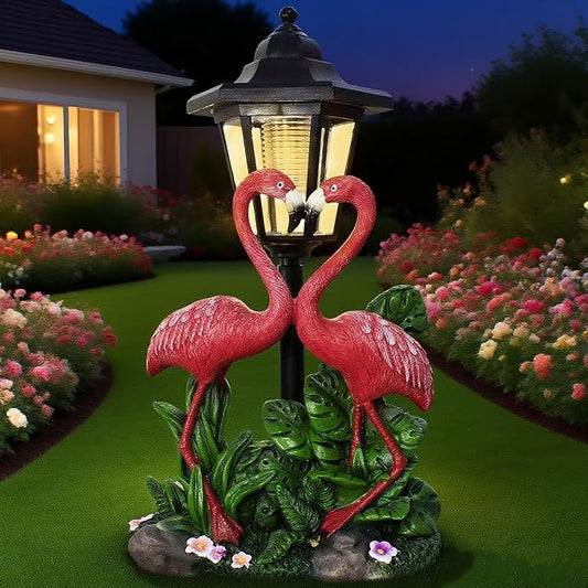Garden Flamingo Outdoor Statue with Solar Lantern Unique Double Head Flamingo Gifts for Women,Mom,Lover Outdoor Figurine for Yard, Patio, Balcony