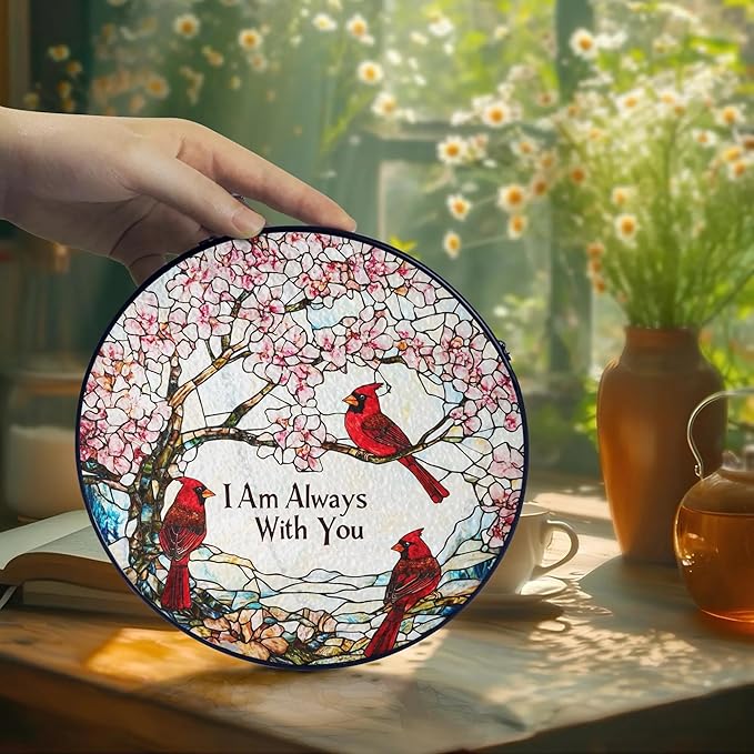 Cardinal Suncatcher Stained Glass Window Hanging Decor - Red Cardinals Memorial Gifts for Loss of Loved One, Cardinal Remembrance Gifts for Women Grandma Mom, Mothers Day Birthday