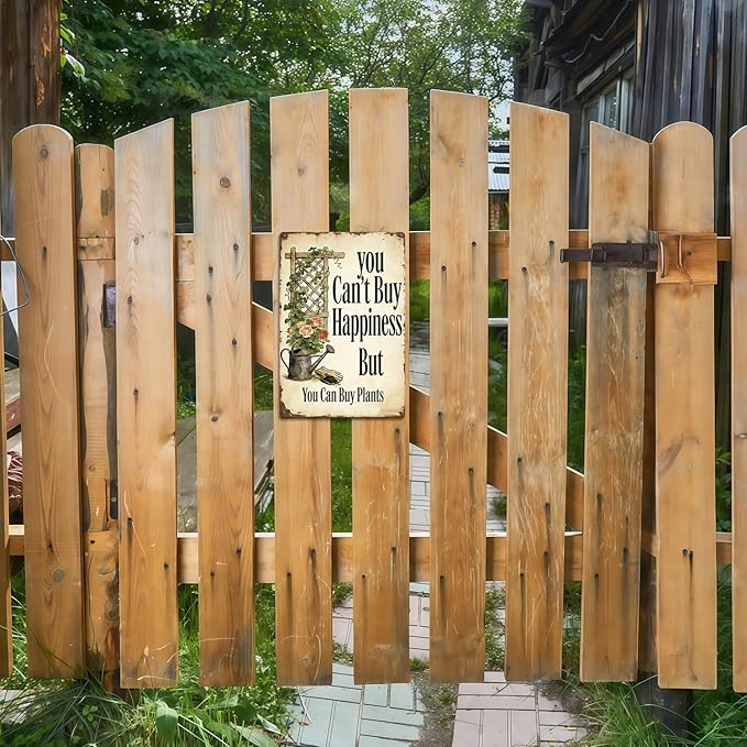 Garden Signs for Outside You Can't Buy Happiness But You Can Buy Plants, Funny Metal Signs for Home Garden Patio Yard, Retro Gardening Gifts for Women, Wall Decor 12" x 8"