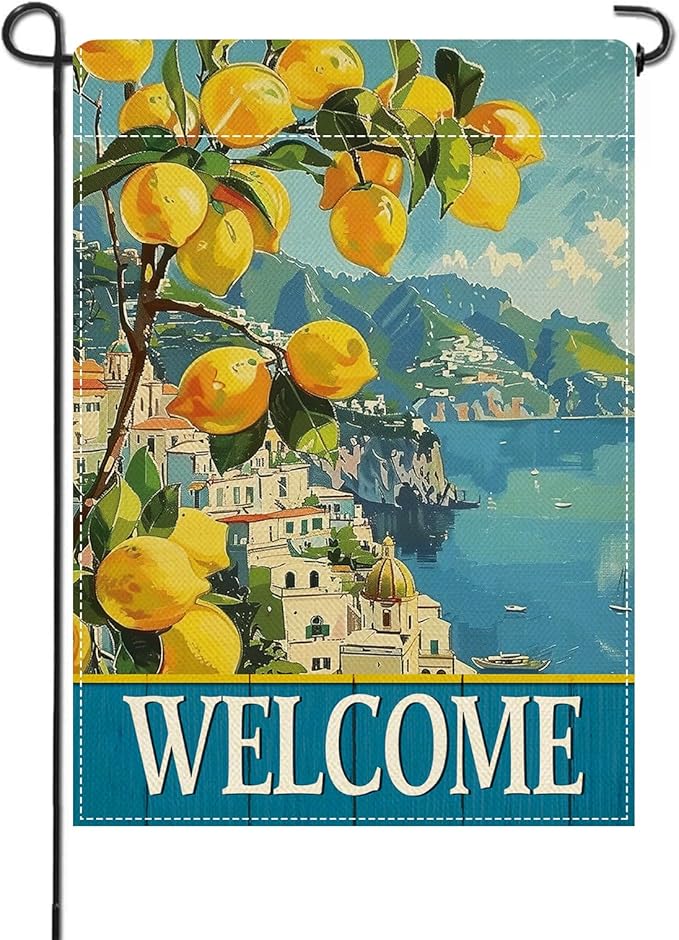 Artofy Welcome Italy Lemon Tree Beach Small Decorative Garden Flag, Amalfi Coast Coastal Town Citrus Yard Lawn Outside Decor, Summer Mediterranean Burlap Outdoor Home Decoration Double Sided 12 x 18