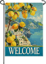 Artofy Welcome Italy Lemon Tree Beach Small Decorative Garden Flag, Amalfi Coast Coastal Town Citrus Yard Lawn Outside Decor, Summer Mediterranean Burlap Outdoor Home Decoration Double Sided 12 x 18