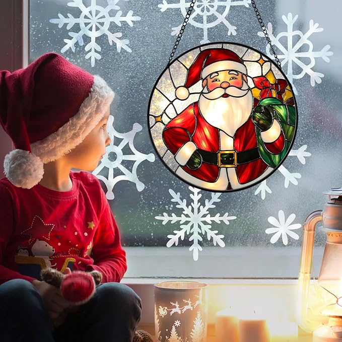 Santa Claus Stained Glass Suncather for Window Hanging, 6.3'' Christmas Ornament Gift for Women, Festive Wall Art Home Decoration Xmas Gift for Mom, Grandma (Red Santa, 6.3'')