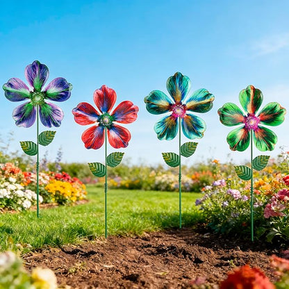 Metal Flowers Garden Stakes Outdoor Decor, 17 inch Shaking Flower Garden Yard Art, Weather Proof Flower Stakes for Yard Lawn Porch Pathway Patio Plant Pot Decorations, 4 Pack (Flower-a-Head)