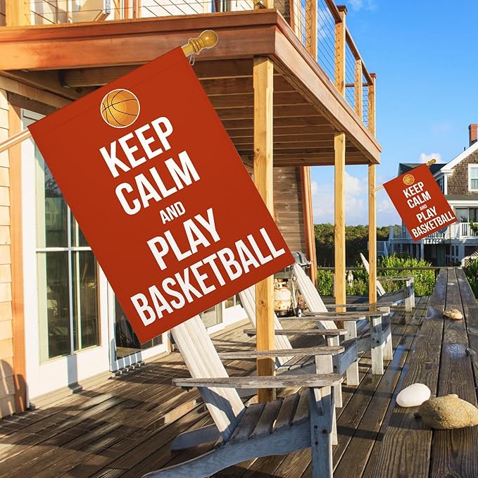 Mugod Basketball House Flag 28x40 Inch Double Sided Outside, Keep Calm and Play Basketball Motivational Quote Word Party Holiday Burlap Yard Garden Outdoor Decoration