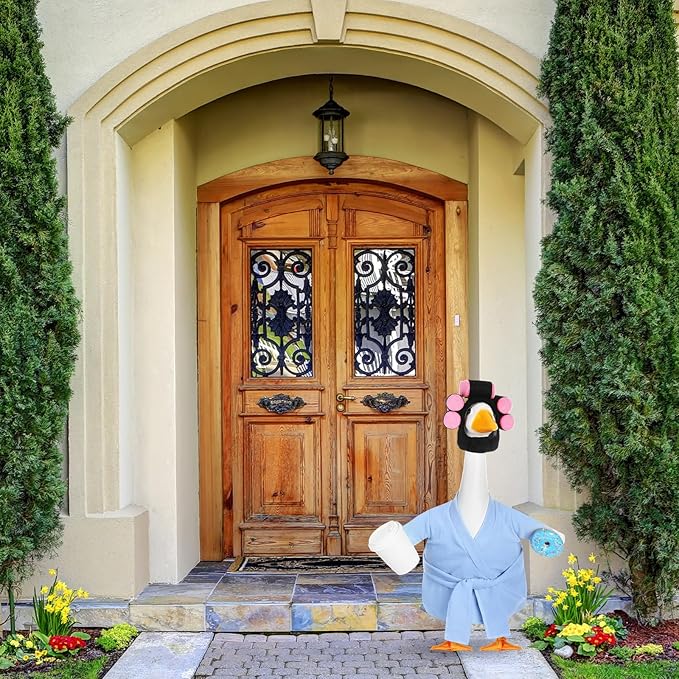 Shyyween Spring Porch Goose Outfits 23 Inch Lady Plastic Porch Goose Outfit Winter Pjs Light Blue Bathrobe Coffee Cup Curlers Cement Concrete Lawn Geese House Summer Statue Clothes