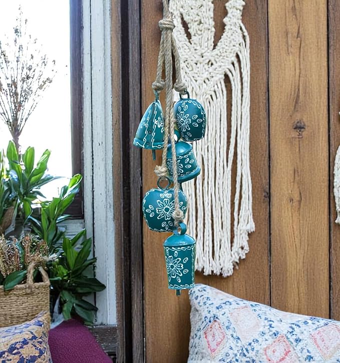 Rustic Cow Bell Wind Chime 25” - 5 Metal Hanging Bells for Christmas, Farmhouse, Porch, Entryway, Bohemian Garden Chime, Vintage Bell Garland, Antique Wind Chimes for Indoor & Outdoor (Green)