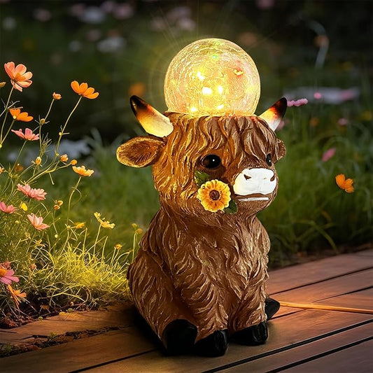 HONGLAND Solar Highland Cow Outdoor Garden Statues, Outside Decor with Color Changing Lights for Yard Lawn Ornaments Porch Patio Balcony Home Farmhouse, Birthday Gifts for Grandma Mom Women