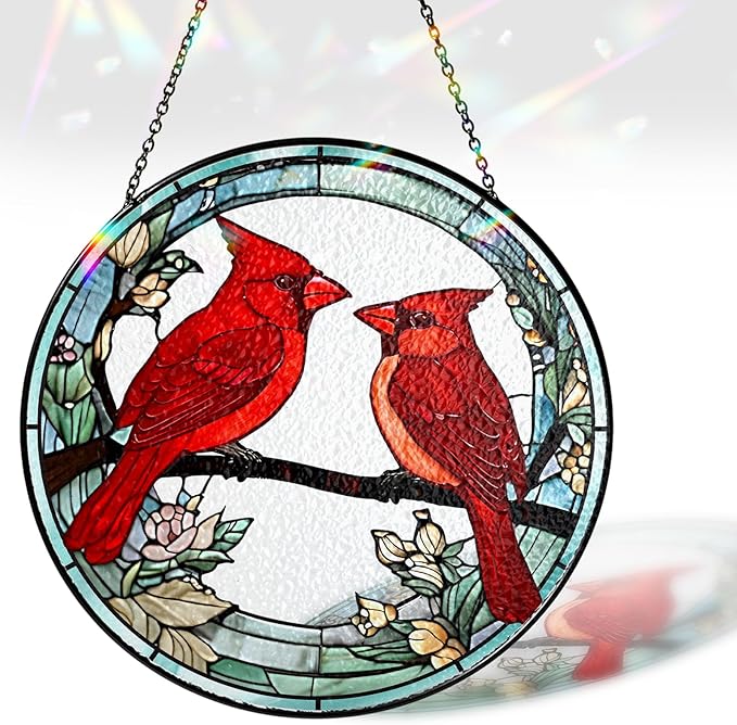6" Cardinal Bird Stained Glass Suncatchers Art Glass Birds and Flowers for Sun Catcher Indoor Window Gifts for Nature Floral Bird Lovers Women Mom Friend Painted Panel Décor BIRD-02B-SG6