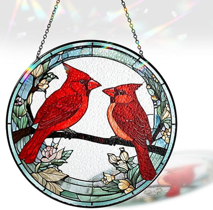 6" Cardinal Bird Stained Glass Suncatchers Art Glass Birds and Flowers for Sun Catcher Indoor Window Gifts for Nature Floral Bird Lovers Women Mom Friend Painted Panel Décor BIRD-02B-SG6
