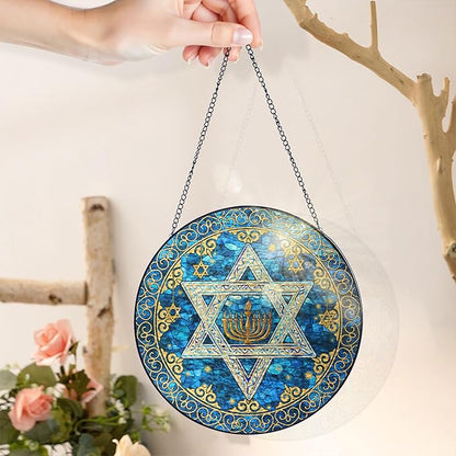 FLAGWIX Hanukkah Gifts for Women Men - Star of David Stained Glass Window Hanging 8 in - Hanukkah Sun Catcher Hanging Decor, Chanukah Suncatchers for Garden Decor, Religious Spiritual Gifts for Mom
