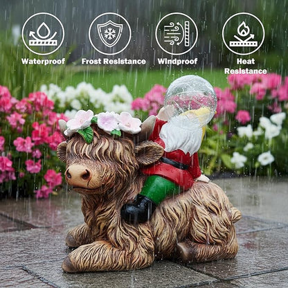 Spring Garden Blowing Bubbles Gnome Highland Cow Solar Statues, Funny Summer Gnome Outdoor Resin Sculptures Decor for Home Table Patio Lawn Porch Balcony, Housewarming