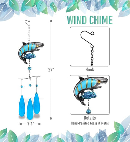 CoTa Global Shark Wind Chime - Handmade Glass and Metal Chime - Ocean Life Hanging Decor - Colorful Home Decor Gift, Indoor and Outdoor Hanging Decoration for Porch, Patio, and Garden - 27 Inches