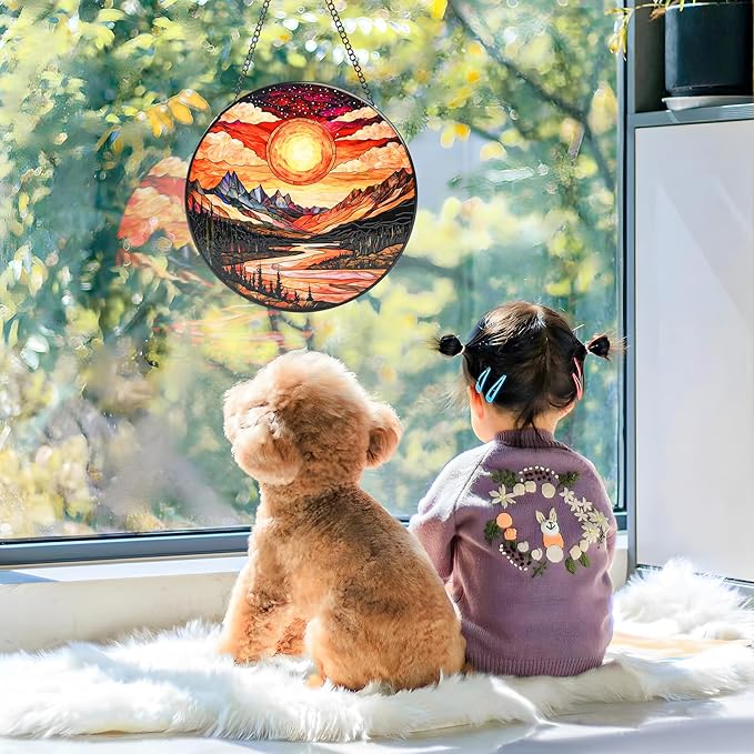 Stained Glass Window Hanging, Mountain River and Sun Suncatcher for Door Terrace Garden Kitchen Home Decor, Scenery Sun Catchers for Christmas Mother's Day Valentine's Day Gift for Women Mom 9.8 in