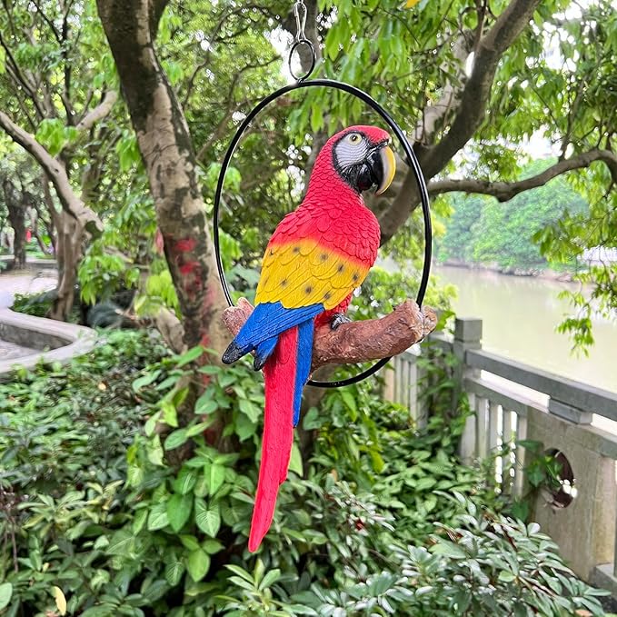 Hanging Scarlet Macaw Parrot Perching on Branch in Metal Round Ring for Home Patio Garden Decor 16" H (Red and Yellow)