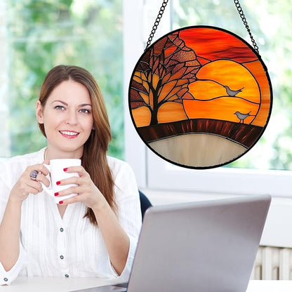 Stained Glass Window Hanging Orange Sunset Landscape 7.8" - Maple Suncatcher Door Garden Sun Catcher Home Decor Birthday Christmas for Mom Men Woman Wife Friend