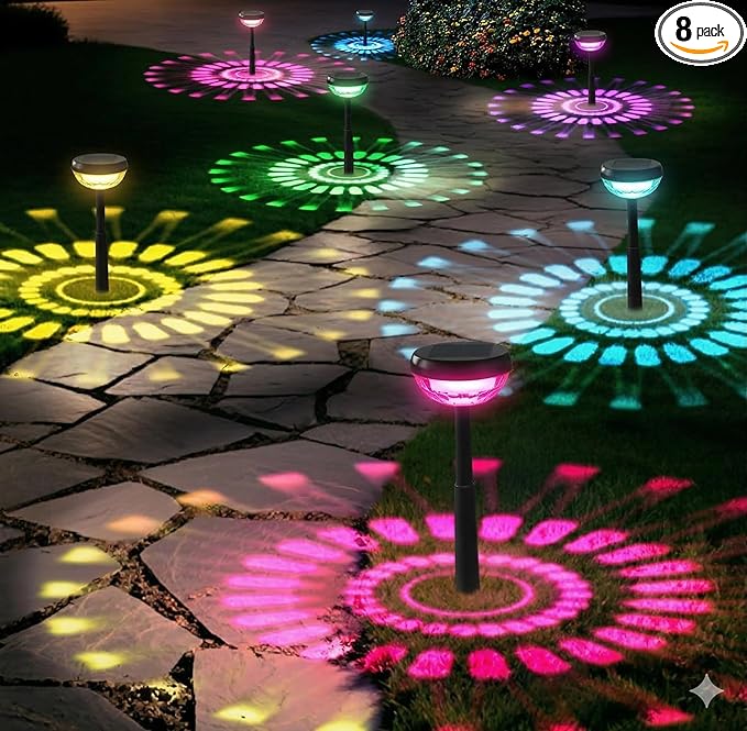 Ensenior Solar Pathway Lights IP65 Waterproof, RGB Color Changing & 6500K Cool White, 8-16Hr Runtime, Flower Pattern Garden Lights for Walkway Porch Yard - 8 Pack
