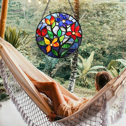 Stained Glass Window Hanging Colorful Flowers and Leaves 6.3" - Suncatcher Door Garden Sun Catcher Home Decor Birthday Christmas Mother's Day for Mom Men Woman Nana Friend