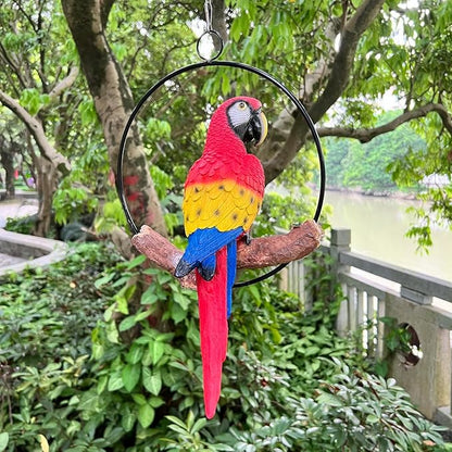 Hanging Scarlet Macaw Parrot Perching on Branch in Metal Round Ring for Home Patio Garden Decor 16" H (Red and Yellow)