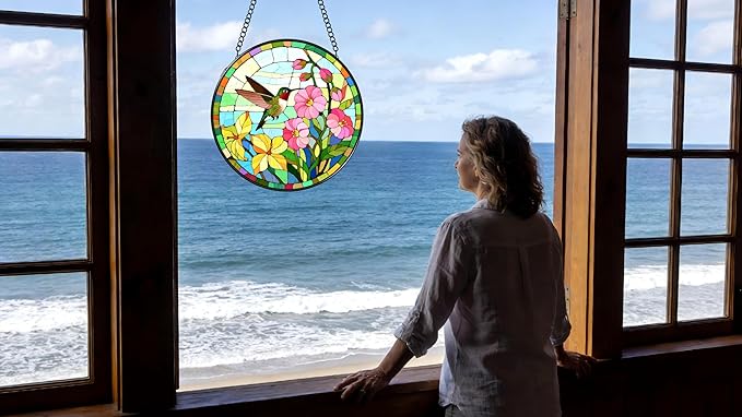 Funoasis Stained Glass Window Hanging 6.3 Inches Suncatcher - The Hummingbird Flew to The Edge of The Flower Ornaments Sun Catcher Home Decor Women Birthday