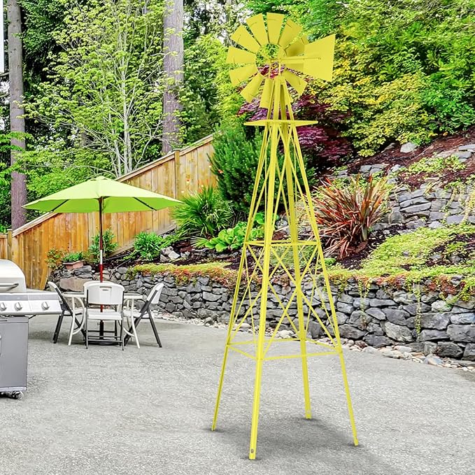 Metal Windmill for Garden Yard Decor, 8ft Tall Windmill Pinwheels Outdoor with Spinning Blades, Weather Vanes Lawn Ornaments, Weather-Resistant, Yellow