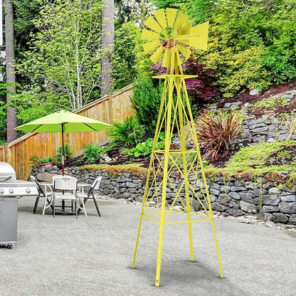 Metal Windmill for Garden Yard Decor, 8ft Tall Windmill Pinwheels Outdoor with Spinning Blades, Weather Vanes Lawn Ornaments, Weather-Resistant, Yellow