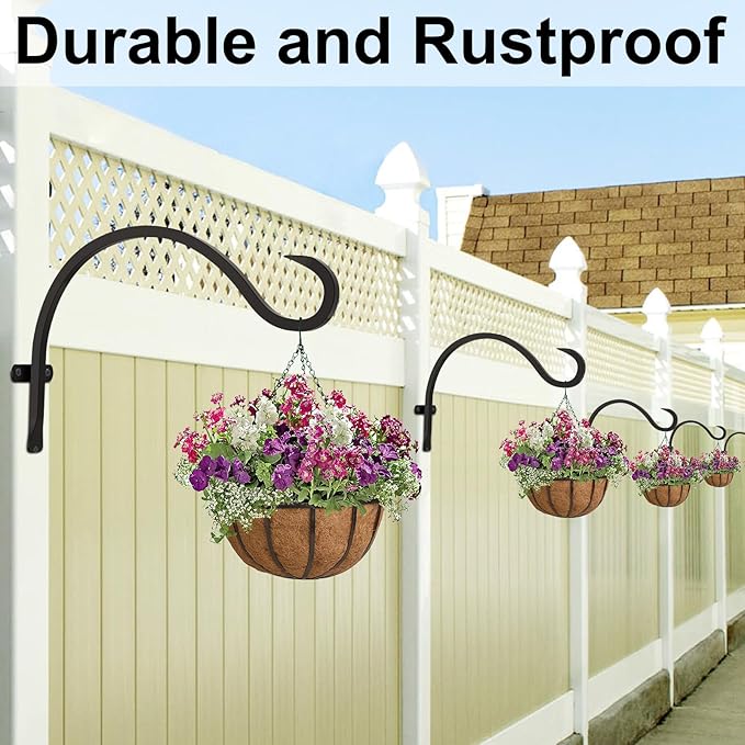 12 Inch Heavy Duty Plant Hanger Wall Hook 2 Pack - Black Iron Hanging Plant Bracket Holds 44 lbs - Rust Resistant Indoor Outdoor Hooks for Bird Feeders Lanterns Wind Chimes Hanging Baskets with Screws