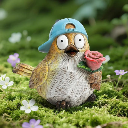Garden Bird Statue for Decorations Outdoor Animal Figurines Little Bird Holding Flowers Sculpture Birds Figurines for Garden Yard Porch Patio Lawn Outside Home Decor Gift for Woman