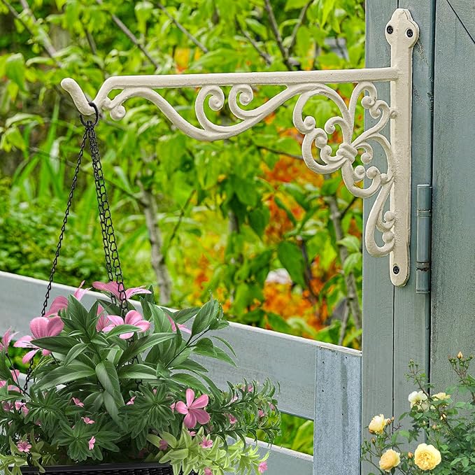 Sungmor Decorative Cast Iron Hanging Bracket - 15.6" Thickened Outdoor Metal Plant Hangers, Vintage Scroll Design for Signs, Planters, Lanterns, Bird Feeders - 2 Pack Heavy Duty Wall Hooks, White