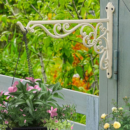 Sungmor Decorative Cast Iron Hanging Bracket - 15.6" Thickened Outdoor Metal Plant Hangers, Vintage Scroll Design for Signs, Planters, Lanterns, Bird Feeders - 2 Pack Heavy Duty Wall Hooks, White