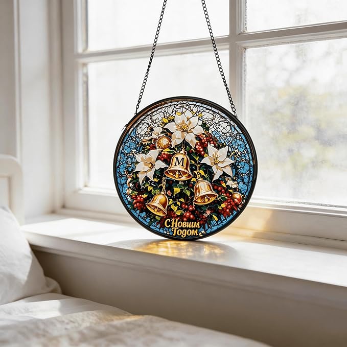 Sun Catcher Stain Glass,Christmas Bell Stained Glass Decor for Window Hanging, Gardening Gifts for Women with 7.9 Inch
