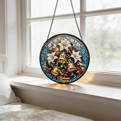 Sun Catcher Stain Glass,Christmas Bell Stained Glass Decor for Window Hanging, Gardening Gifts for Women with 7.9 Inch