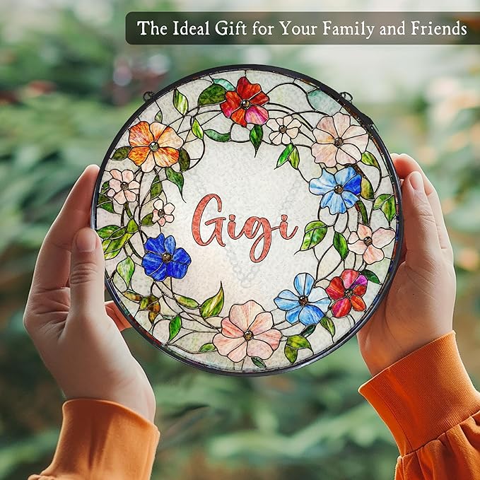 Gigi Floral Stained Glass Window Hanging Suncatcher for Grandma, Grandma's Garden Sun Catcher Window Wall Hanging Decor, Gigi Gifts for for Mothers Day Christmas Birthday, 7.8 x 7.8 in