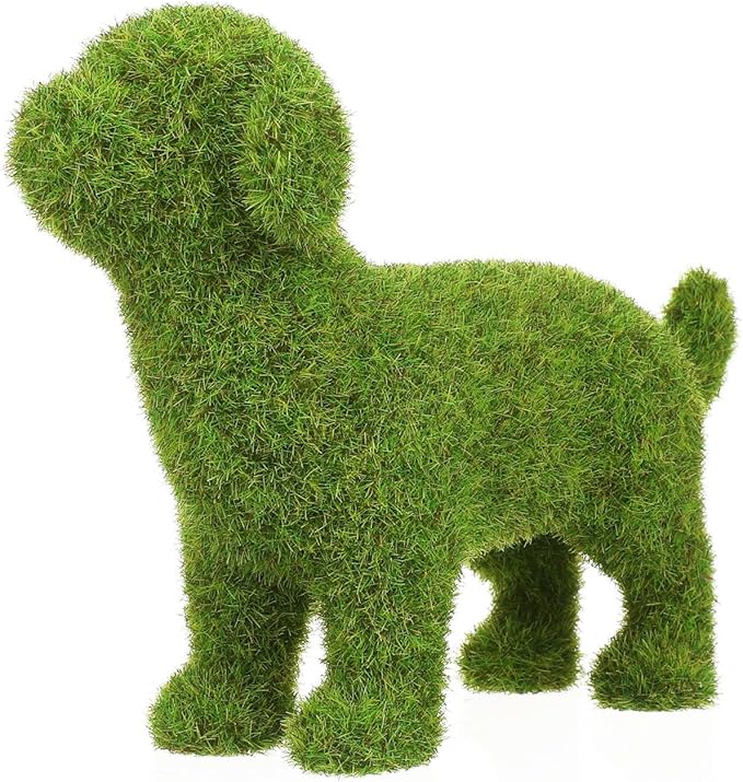 VILLCASE 6.88 Inch Flocked Dog Figurine, Faux Moss Puppy Statue for Garden and Patio Decor, Realistic Green Artificial Topiary Animal Ornament for Indoor Desktop, Shelf and Photography Prop