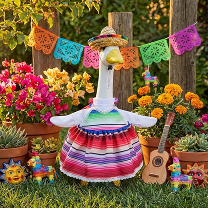 Watayo 2 Pcs/Set Mexican Porch Goose Outfits, Lawn Goose Clothing Costume for Cinco De Mayo, Garden Goose Clothes Striped Dress Mexican Sombrero for 23" High Statue Outdoor Patio Yard Decor (B Style)