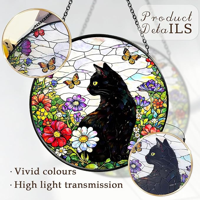 Stained Glass Suncatchers for Windows, 8 in Hanging Sun Catchers Indoor Window, Cat Suncatcher for Home Decor, Garden, Patio