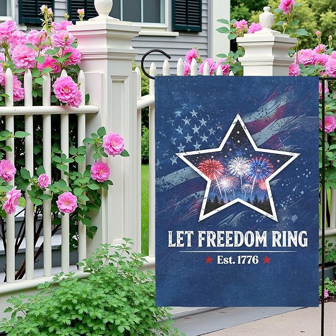 Fourth of July Patriotic Garden Flag Let Freedom Ring Yard Flags Independence Day Double Sided American Star Fireworks House Banner for Porch Patio Memorial July 4th Home Decor 12 x18 Inch